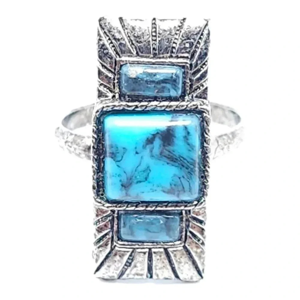 Southwest Blue Three Rectangular Faux Turquoise Ring Silver Tone Size 7 Vintage
